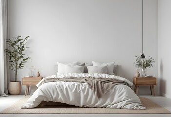 Minimalist Bedroom Interior with White Bedding and Wooden Nightstands