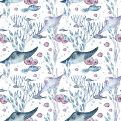 Fototapeta premium Sea animals stingray, fish swimming in seaweeds and corals blue soft colors for marine design background. Ocean creatures watercolor seamless pattern isolated. Sea world botanical texture and ray fish