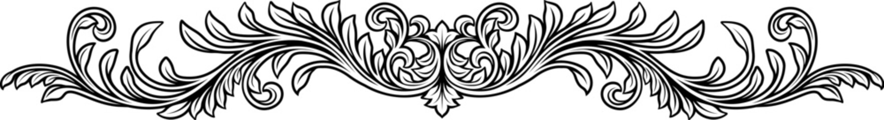 A filigree heraldic crest calligraphic motif, floral pattern horizontal divider design element. Original design in a vintage style.