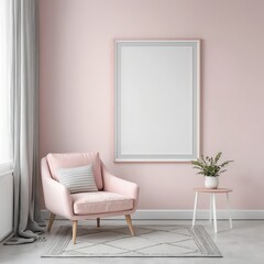 Pink Armchair and Blank Canvas in a Pastel Room Interior