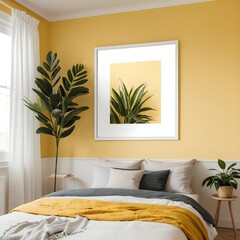 Cozy Bedroom Interior with Yellow Walls and Tropical Plants