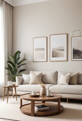 Cozy Beige Living Room Interior with Wooden Coffee Table