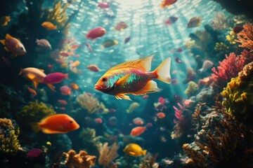 Fototapeta premium Vibrant coral reef teeming with diverse colorful fish, sunlit underwater scene.