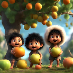 Full outdoor shot of three cartoon children standing beneath a fruit tree.