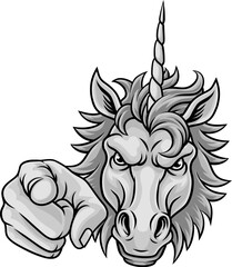 Unicorn horse stallion angry sports team mascot cartoon character design.