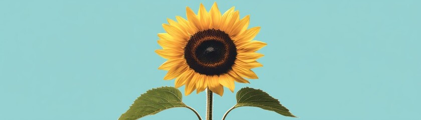 Fototapeta premium A single sunflower with leaves against a light blue background