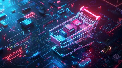 Showcasing a digital shopping cart on a futuristic cyber background filled with neon lights and circuit patterns