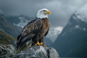 Fototapeta premium Majestic Bald Eagle Perched on a Rocky Outcrop