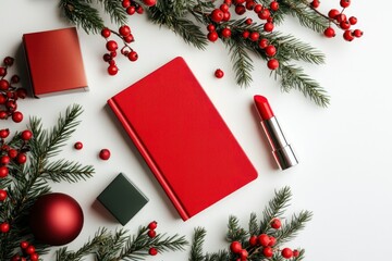 Festive Christmas arrangement with red notebook and lipstick for holiday planning