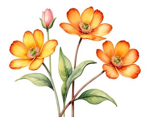Watercolor Orange Flowers with Green Leaves