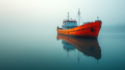 A rusty orange cargo ship sits still in calm, foggy water, its reflection mirrored perfectly.