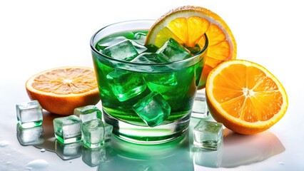 Fototapeta premium Icy green beverage, vibrant orange slice, refreshing aerial view, isolated on white.