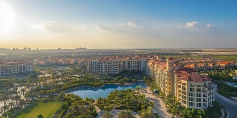 Obraz premium Luxury Living in Dubai Aerial View of Resort Style Buildings and Turquoise Blue Pool in UAE