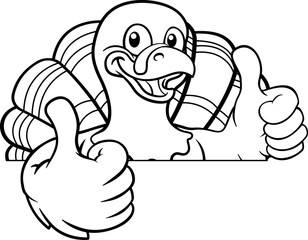 A turkey Thanksgiving cartoon bird Christmas mascot peeking around a sign with copy space