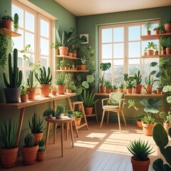 Fototapeta premium Sunlit Indoor Plant Collection in Green Room