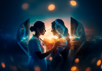 Obraz premium Shenzhen, China - Unknown Date : A healthcare professional offers support to a patient, with stylized DNA strands in the background. A warm, hopeful atmosphere is depicted with glowing lights and a s