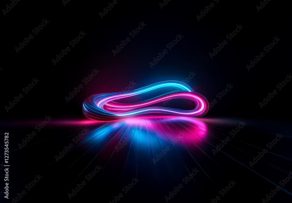 Aufkleber shenzhen, china - unknown date : neon glowing abstract shape in pink and blue on a dark reflective s