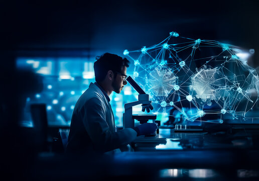 Shenzhen, China - Unknown Date : A scientist in a lab coat uses a microscope for data analysis, with a digital network overlay suggesting advanced research and technological innovation in a dark blue 