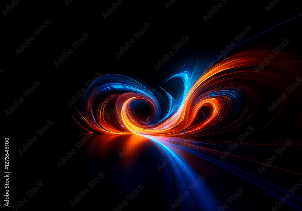 Poster Shenzhen, China - Unknown Date : Abstract image of swirling energy with vibrant blue and orange light trails against a dark backdrop.  The dynamic flow creates a sense of motion and abstract art.