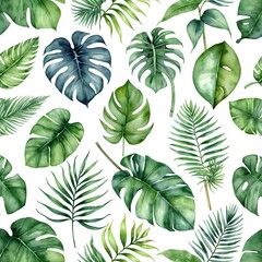 Watercolor Tropical Leaves Seamless Pattern