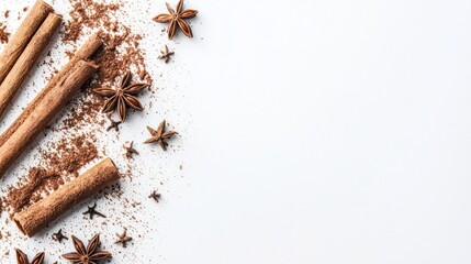 Ceylon cinnamon sticks and anise isolated on white background.Cinnamon roll and star anise. Spicy spice for baking, desserts and drinks. Fragrant ground cinnamon.Place for text. copy space.