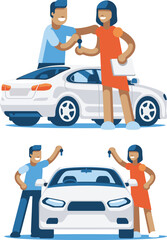 Guy and girl buying and selling a car, exchanging keys and documents near white car. Flat icon illustrations.