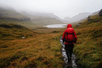 Fototapeta premium A hiker walks on trail in Faroe Islands mountains on a misty day. Adventure use