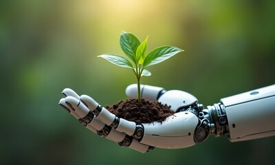 A robotic hand gently holding a small green plant with soil, symbolizing the balance between artificial intelligence and environmental sustainability.
