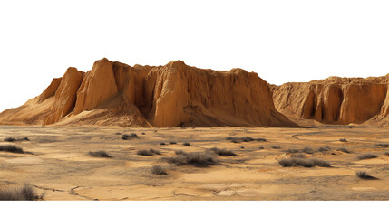 Arid badlands with eroded cliffs and sparse vegetation  isolated on transparent white background