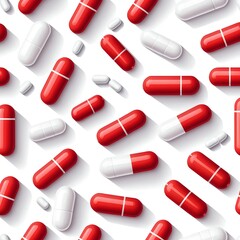 Red and White Capsules Scattered on White Background