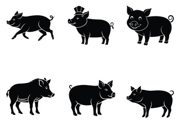 Set of pigs silhouettes on white background
