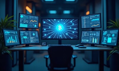 Fototapeta premium A futuristic workspace with multiple digital screens displaying blockchain transactions, cryptocurrency analytics, and decentralized finance trends.