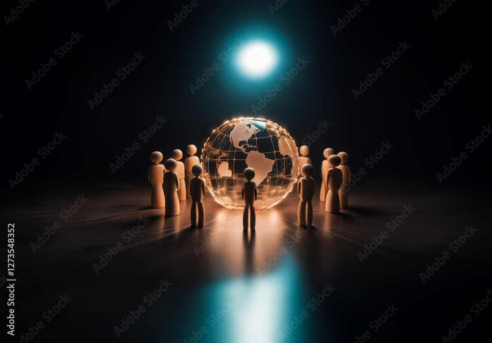 Fototapete Shenzhen, China - Unknown Date : Illuminated globe surrounded by figures under a bright light, set against a dark backdrop. Conceptual scene depicts unity and global connection.