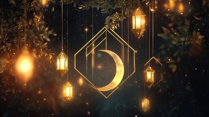 Ramadan and Eid background with gold geometric frames, crescent moon, and lanterns on a dark backdrop.