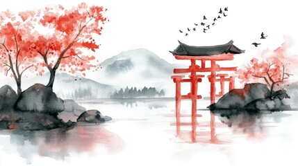 Naklejka premium Watercolor Painting Of Torii Gate With Cherry Blossoms. Minimalist Asian Landscape.