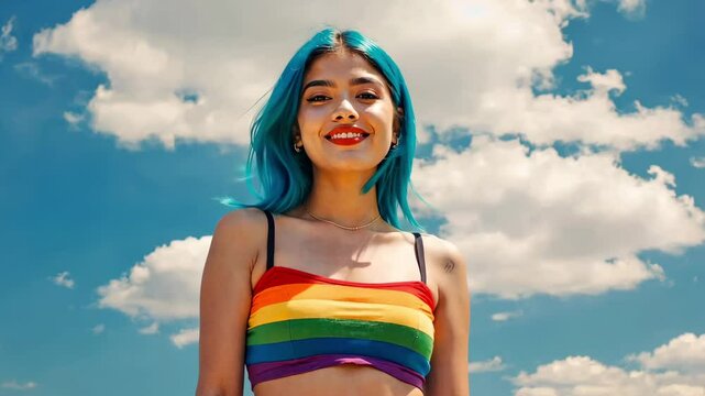 Young Woman with Blue Hair Wearing a Rainbow Shirt