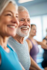 A 80 year old elderly senior man and woman exercising in a senior exercise class.