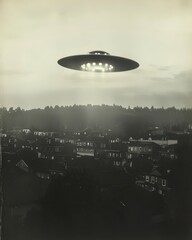 Naklejka premium Vintage UFO hovering over residential homes, a symbol of mystery and the unknown. Ideal for science fiction themes and historical speculation.