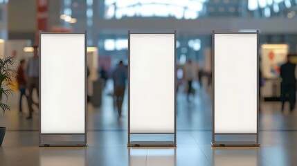 Three blank white light boxes stand in a busy walkway, representing advertising and information. Use it for retail, trade shows, or corporate communication.
