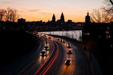 Obraz premium Cars move on a freeway during sunset near a city. Good for travel