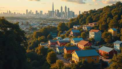 Obraz premium A beautiful suburban area with colorful rooftops surrounded by greenery, with a modern city skyline in the background