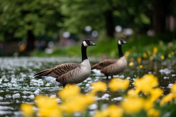 Fototapeta premium Two geese paddle together on a pond, surrounded by flowers in a public park