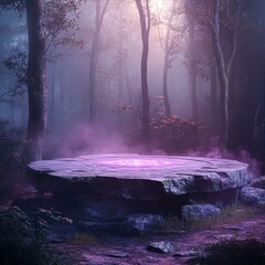 Mystical Forest Platform Illuminated with Soft Light a Serene Scene of Nature and Magic Combined