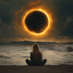 Silhouette Person Meditating on Beach Serene Eclipse Contemplation Peaceful Scene Tranquil Horizon View