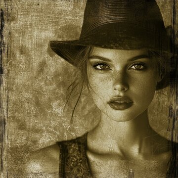 Serene Woman in Sepia Tones with Hat Portrait Evoking Retro Elegance and Timeless Beauty 88 chars