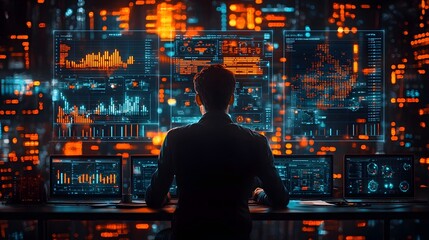 Businessman Surrounded by Glowing Digital Environmental Impact Analytics Reflecting on Business and Nature Balance