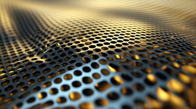 Macro shot of flexible perforated metal mesh curving dramatically across a dark surface isolated on a bright background for design.  hu