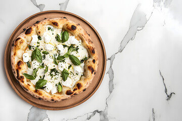 Photo of a pizza with mozzarella cheese and basil on a wooden plate, aerial view on a white marble background