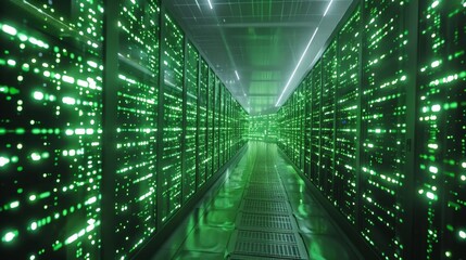 Futuristic cyber environment with glowing green data streams illuminating a high-tech server room