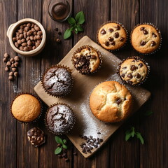 Fototapeta premium Homemade muffins with chocolate and nuts
